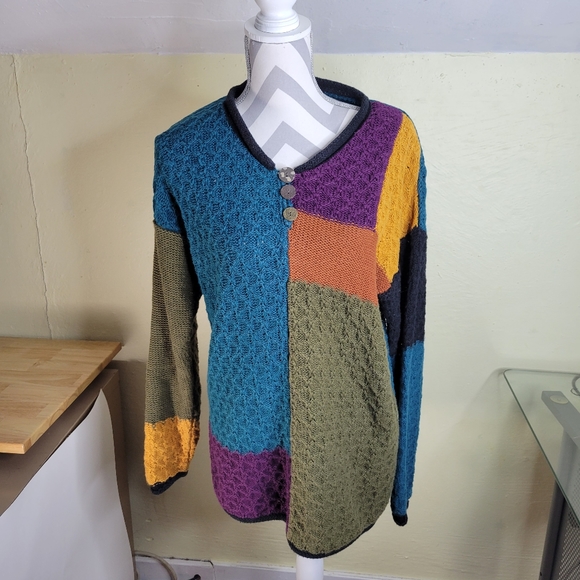 Womans Yarnworks Color Block Ramie Cotton Sweater Button V-Neck Size Large 12/14 - Picture 2 of 11